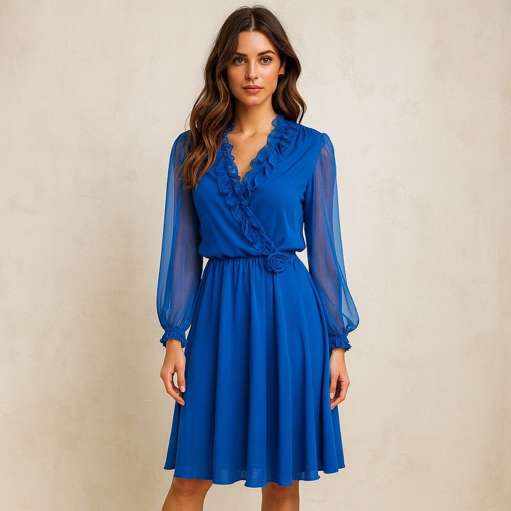 Vintage 1970s Blue Chiffon Ruffle Wrap Midi Dress M